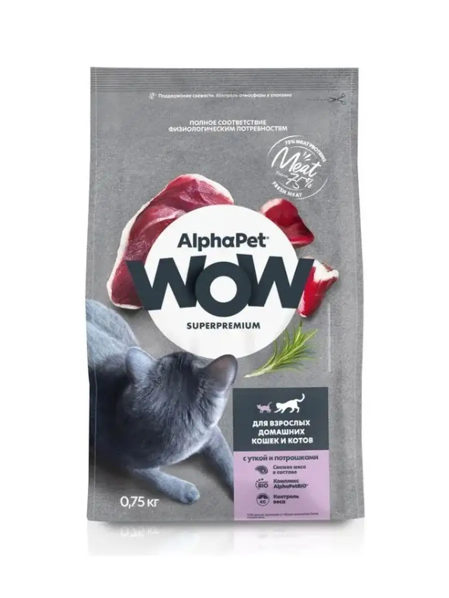 AlphaPet WOW SUPERPREMIUM для дом. кошек с уткой и потрошками 750 гр