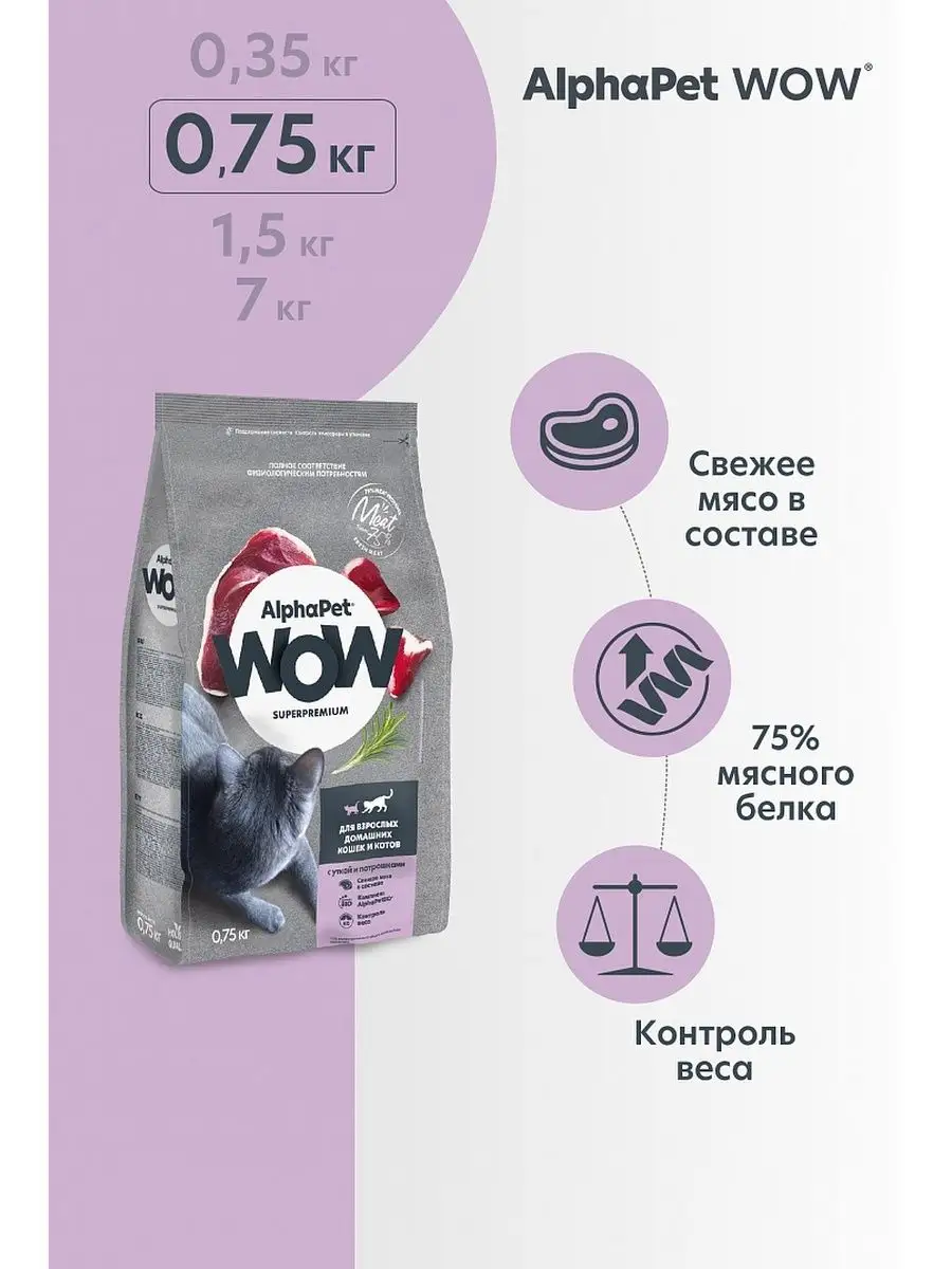 AlphaPet WOW SUPERPREMIUM для дом. кошек с уткой и потрошками 750 гр