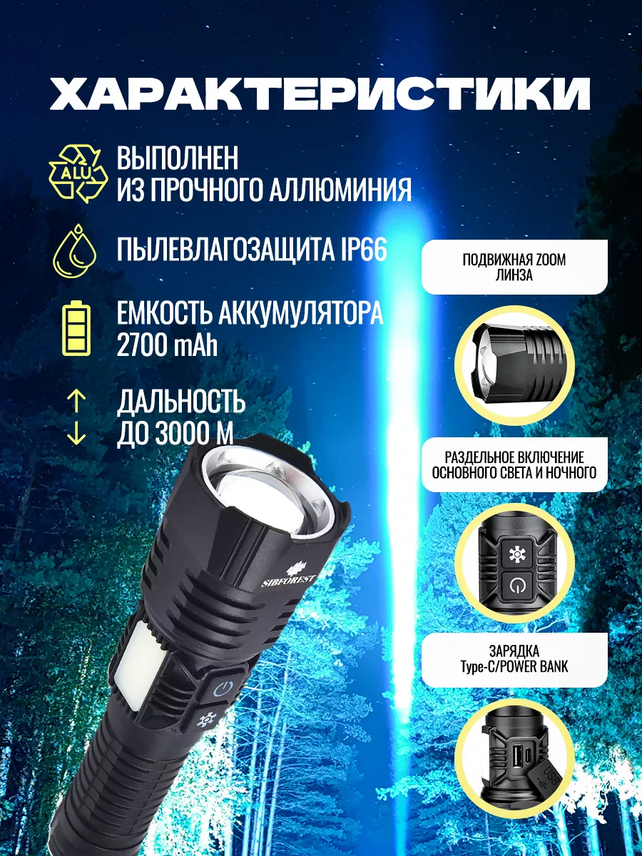 Мощный тактический фонарь с power bank Sibforest купить по цене 851 ₽ в  интернет-магазине Wildberries | 167991344