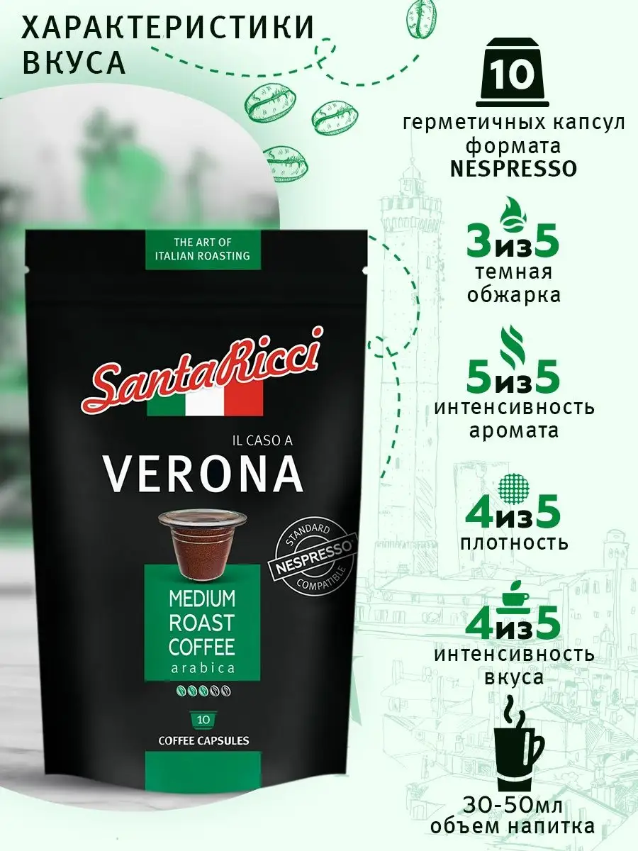 Кофе в капсулах Verona для кофемашины Nespresso 10 шт Santa Ricci купить по  цене 297 ₽ в интернет-магазине Wildberries | 168573662