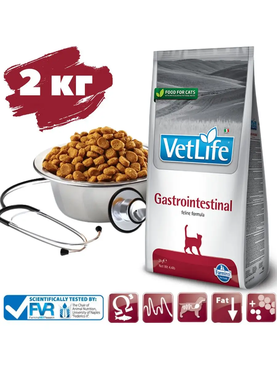 Корм Vet Life Gastrointestinal для кошек. Лечение ЖКТ 2 кг