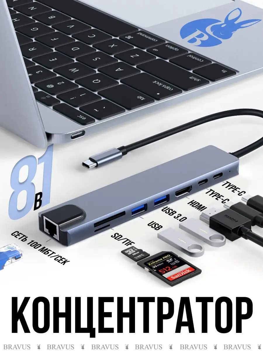 USB Концентратор 8 в 1 адаптер HDMI typeC переходник адаптер Bravus купить  по цене 40,28 р. в интернет-магазине Wildberries в Беларуси | 170205716