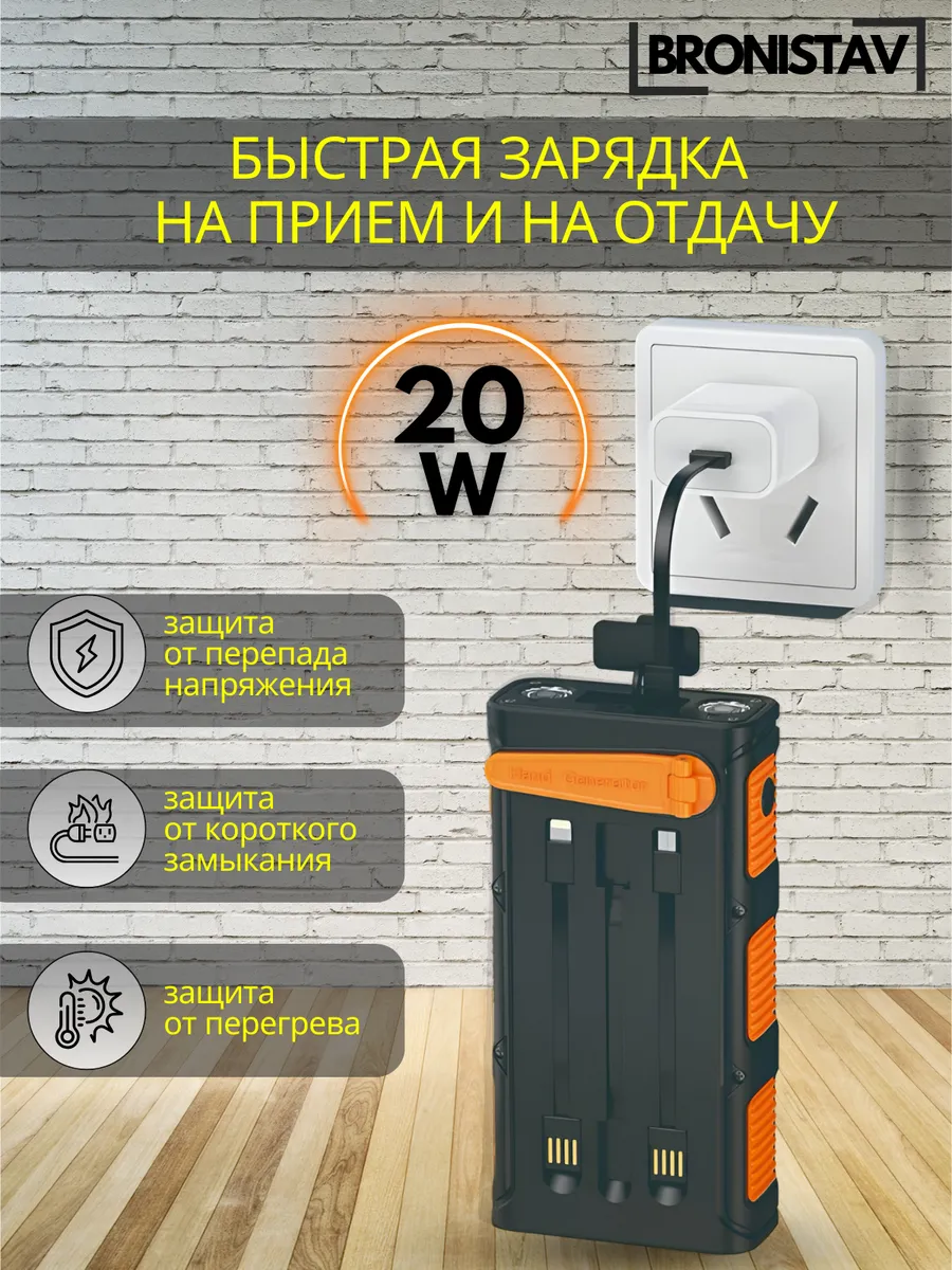 Power Bank 30000 mAh, TypeC 20W, генератор, солнечная панель