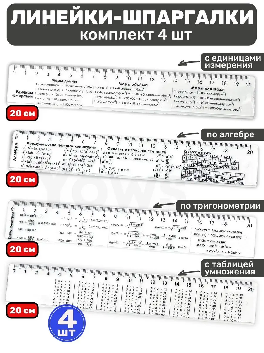 Справочные линейки шпаргалки, набор 4 шт подсказок формул