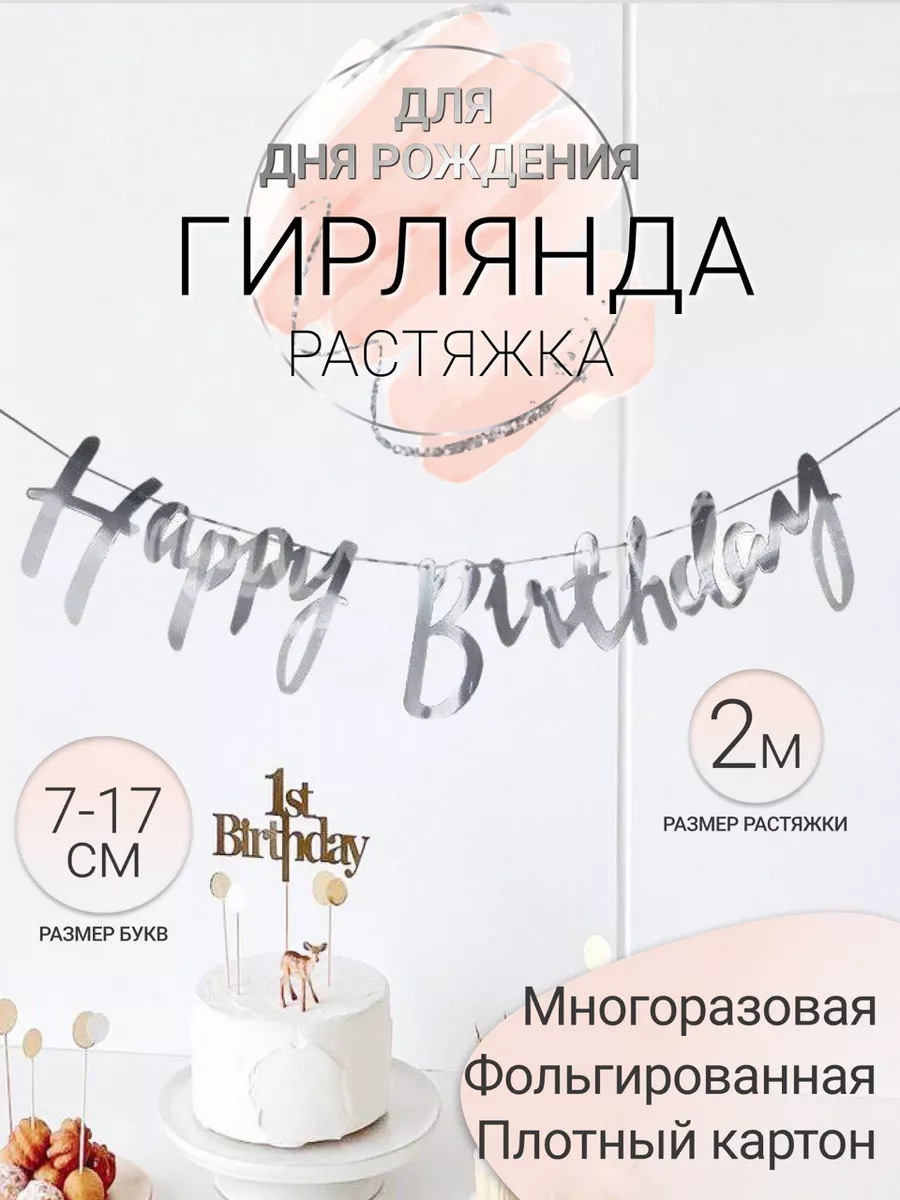 Гирлянда растяжка с днем рождения Happy Birthday для фотозоны и декора