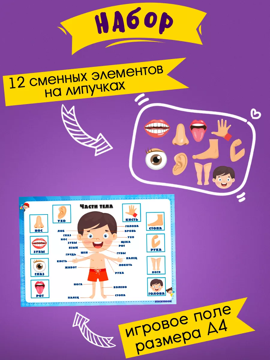 Stickybook Игры для детей развивающие интересные на липучках, Тело