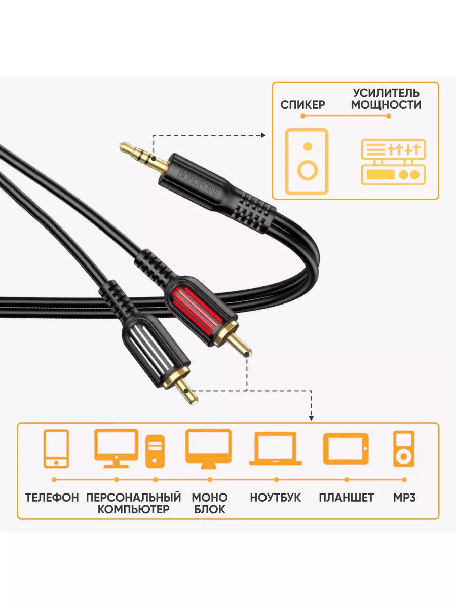 Аудиокабель jack 3,5 мм на 2 RCA, кабель тюльпан jack Borofone купить по  цене 306 ₽ в интернет-магазине Wildberries | 174180030