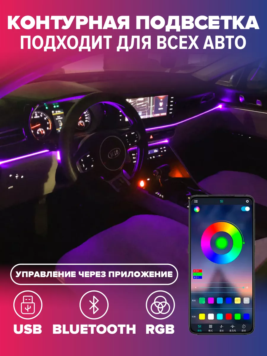 FastRacing Контурная подсветка авто USB RGB Bluetooth (оптоволокно)