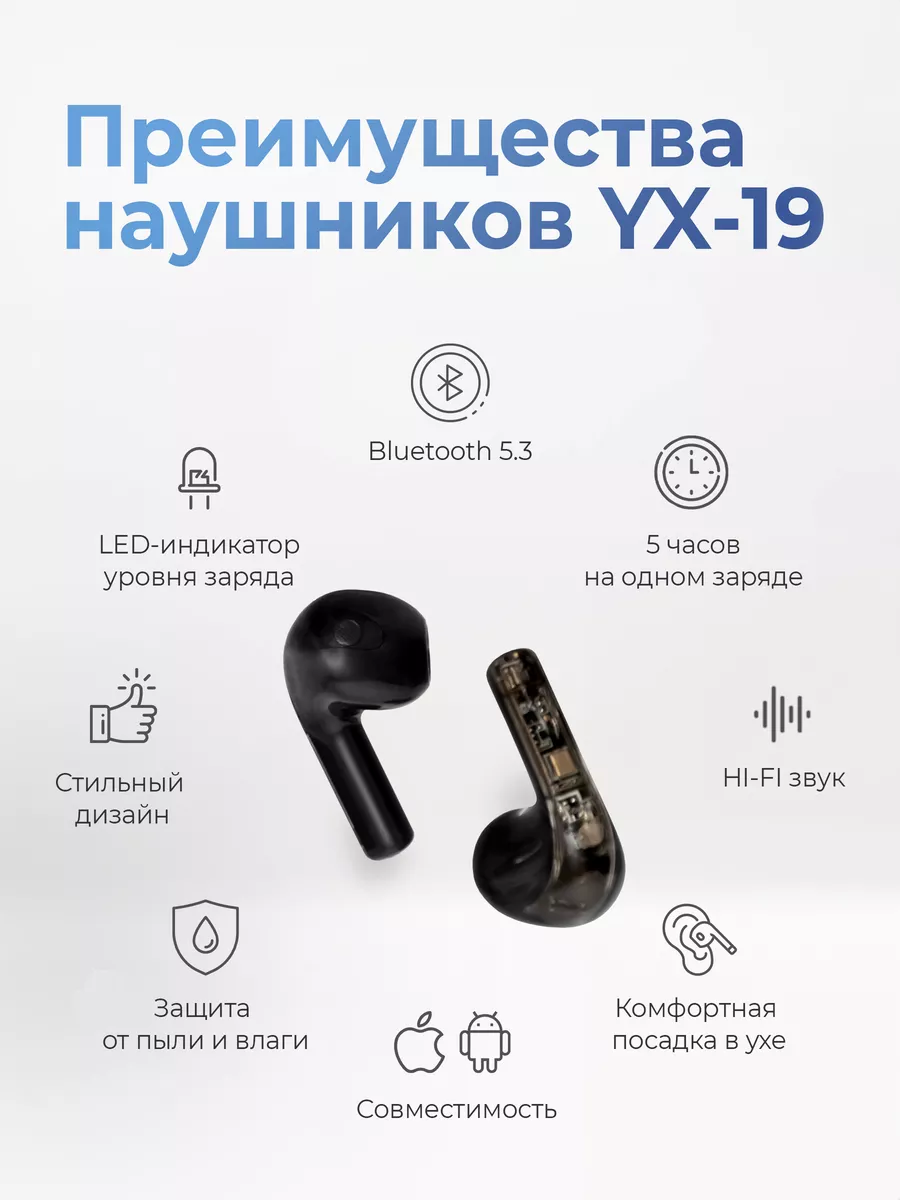 Наушники беспроводные для iPhone Android с микрофоном блютуз YX-19 купить  по цене 934 ₽ в интернет-магазине Wildberries | 179579796