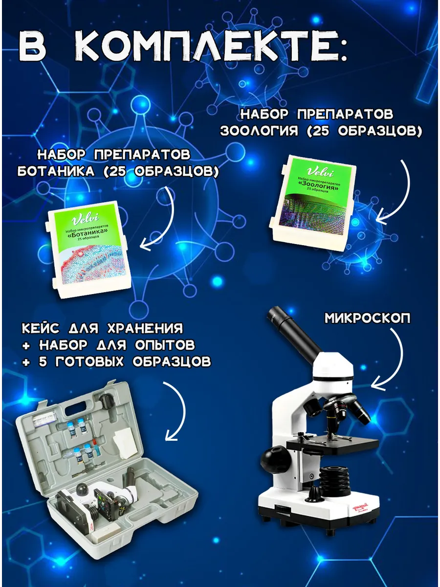 Микромед Микроскоп Атом с микропрепаратами Ботаника и Зоология