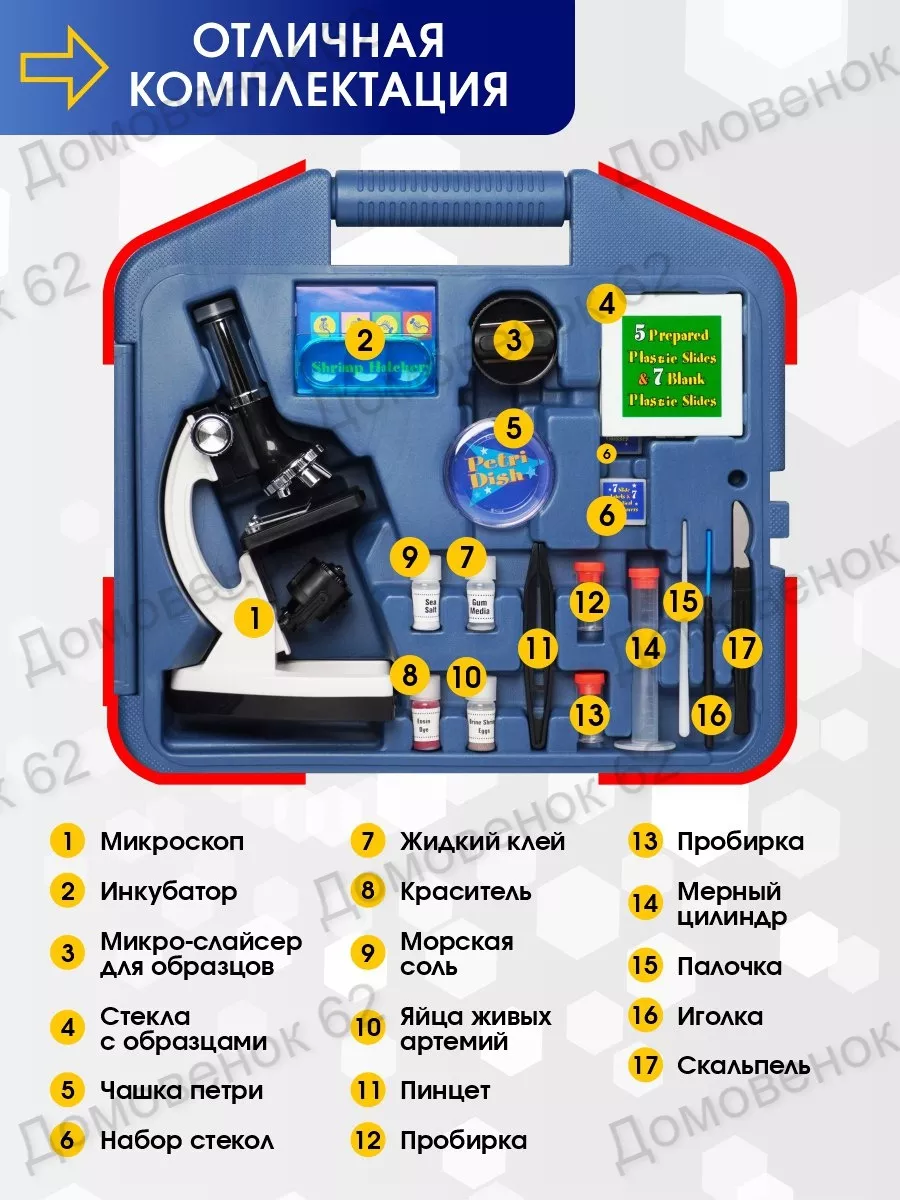 Домовенок 62 Микроскоп детский школьный с образцами микропрепаратов